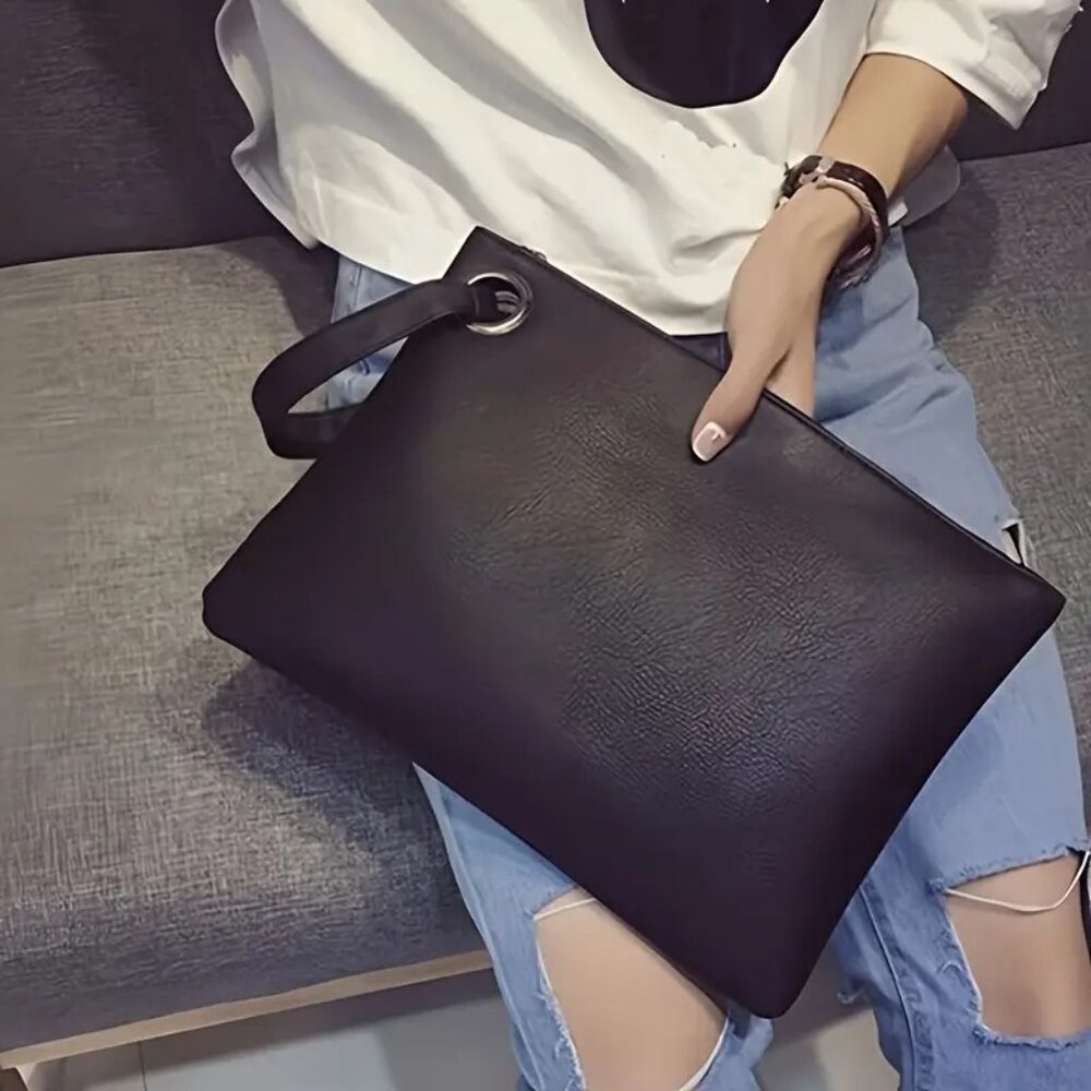 Matte Black Large Envelope Clutch Bag Wristlet Chic & Elegant Vegan Leather - Picture 3 of 8